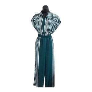 Modern Works 2 piece green white striped button down pantsuit set size Small new